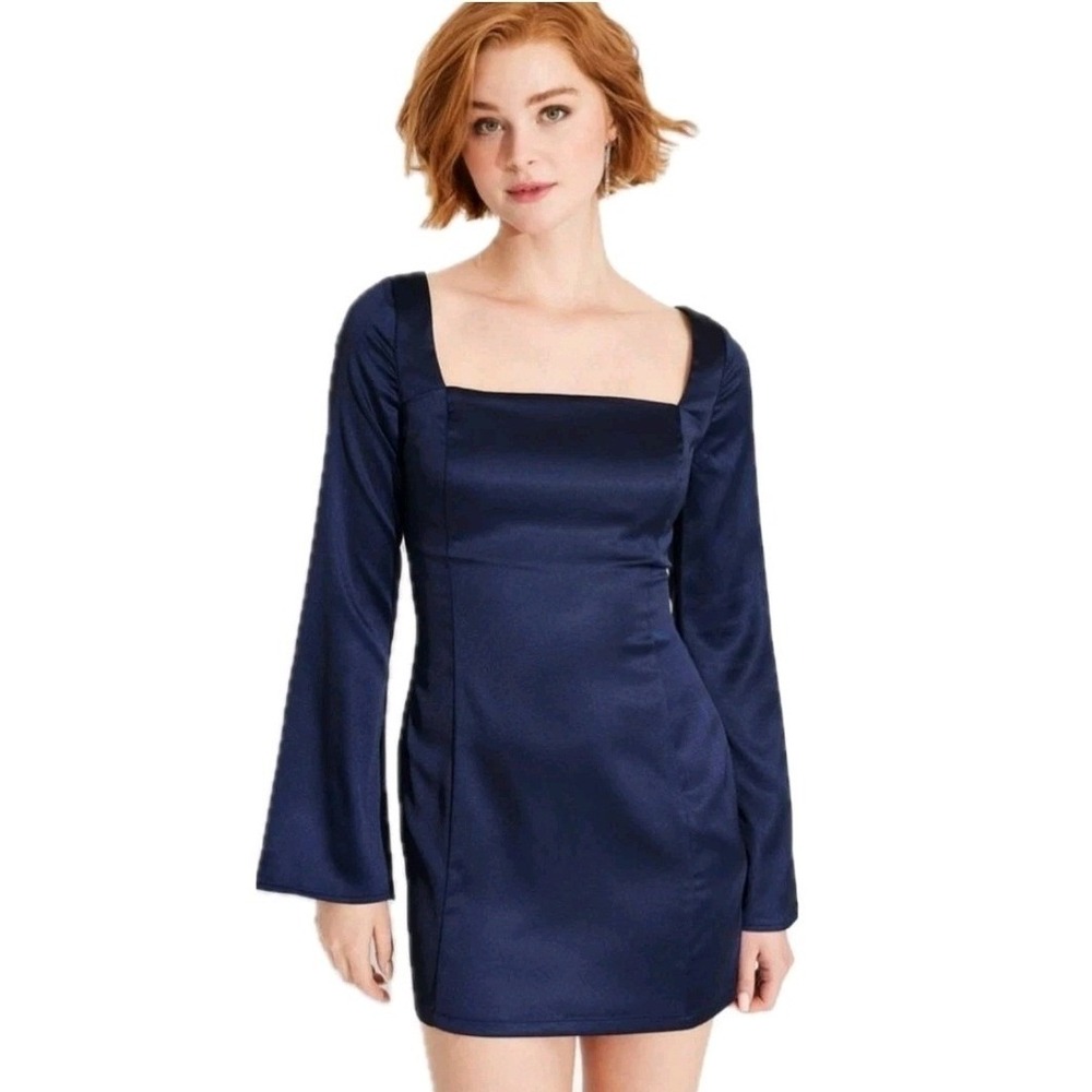 Wild Fable NWT XS Navy Blue Satin Long Sleeve Square Neck Mini Dress Party Y2K